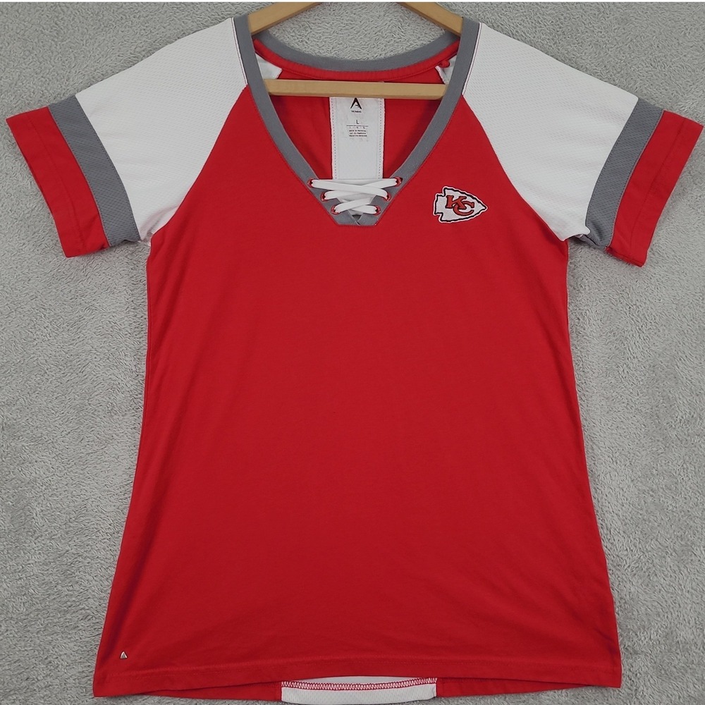 Antigua Kansas City Chiefs Womens Large Red Lace Up V-Neck T-Shirt NFL Football